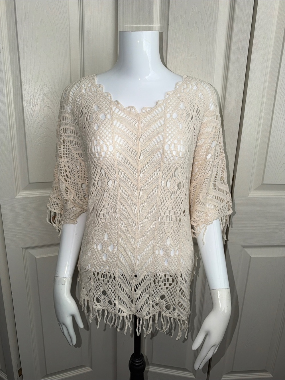 C Est. 1946 Women’s Crochet Fringe Swim Cover-Up in creme.  #0008
